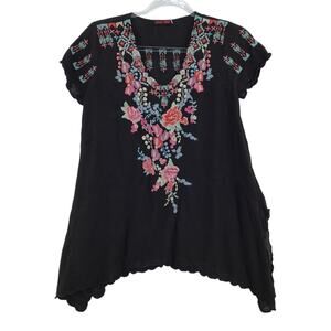 Johnny Was Hinga Tunic Blouse Womens XS Black Floral Embroidered Cupra C28118